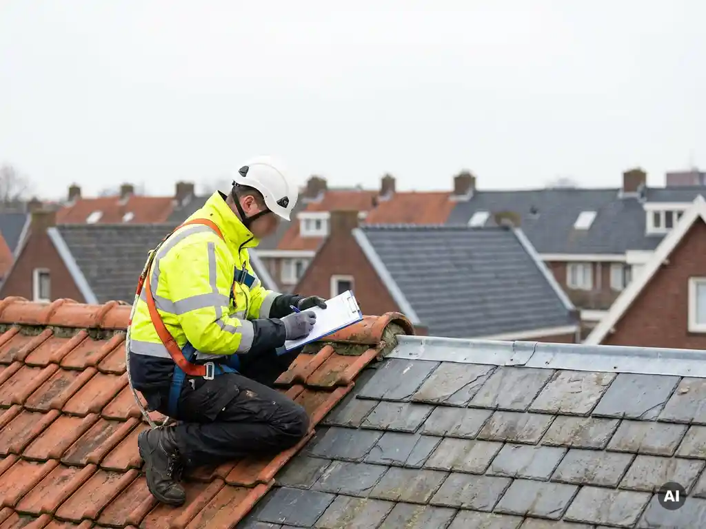Dakcontroleur in veiligheidskleding knielt op terracotta dakpannen en inspecteert shingles met klembord, Nederlandse woonwijk op achtergrond
