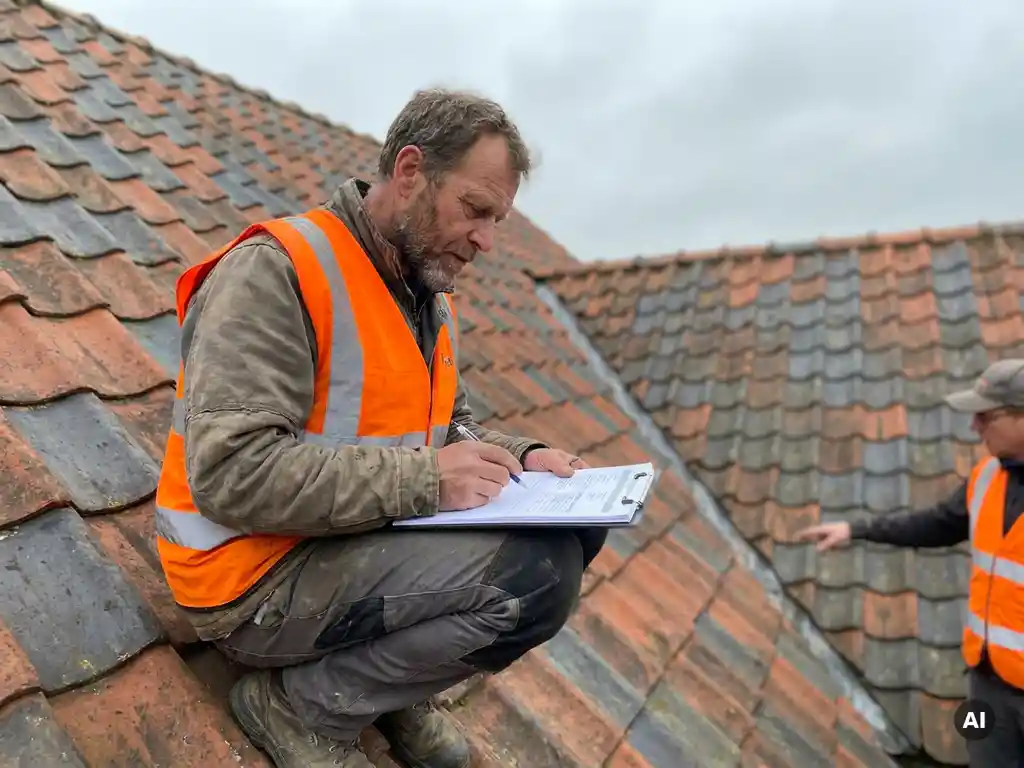 Dakinspecteur in veiligheidsvest hurkt op verweerde dakpannen terwijl hij klembord bestudeert, collega wijst naar dakgedeelte op achtergrond.
