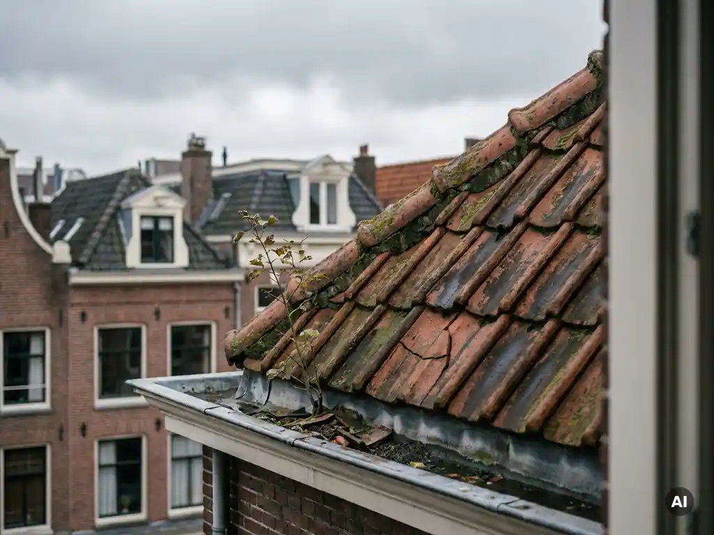 Verweerde dakpannen met scheuren en mosgroei, verstopte dakgoot met jonge boom, traditionele Nederlandse rijtjeshuizen op de achtergrond