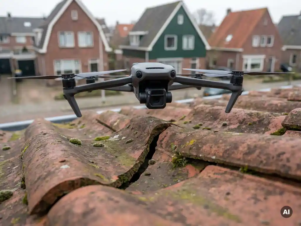 Professionele drone inspecteert beschadigde dakpannen met mosgroei op Nederlands woonhuis, scheuren zichtbaar van dichtbij.