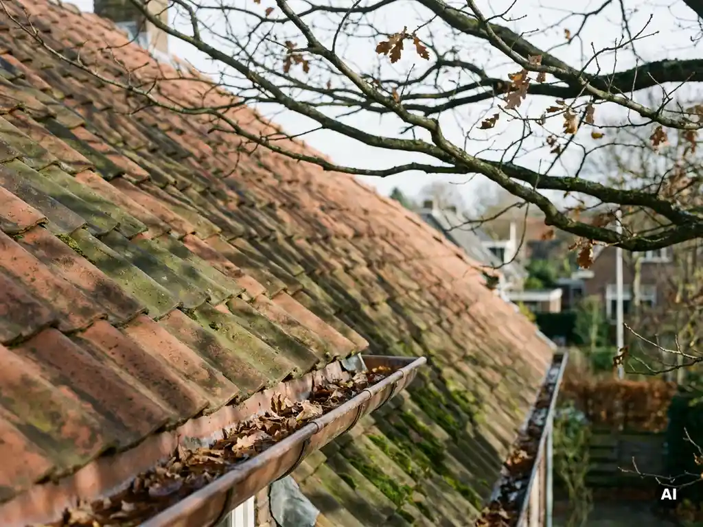 Eikenboom met herfstbladeren in koperen dakgoot, mosgroei op verweerde dakpannen van Nederlandse woning in bewolkt daglicht.
