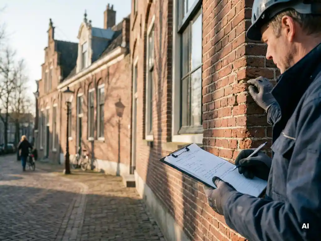 Inspecteur met klembord onderzoekt verweerde rode bakstenen gevel van Nederlands grachtenpand in ochtendlicht