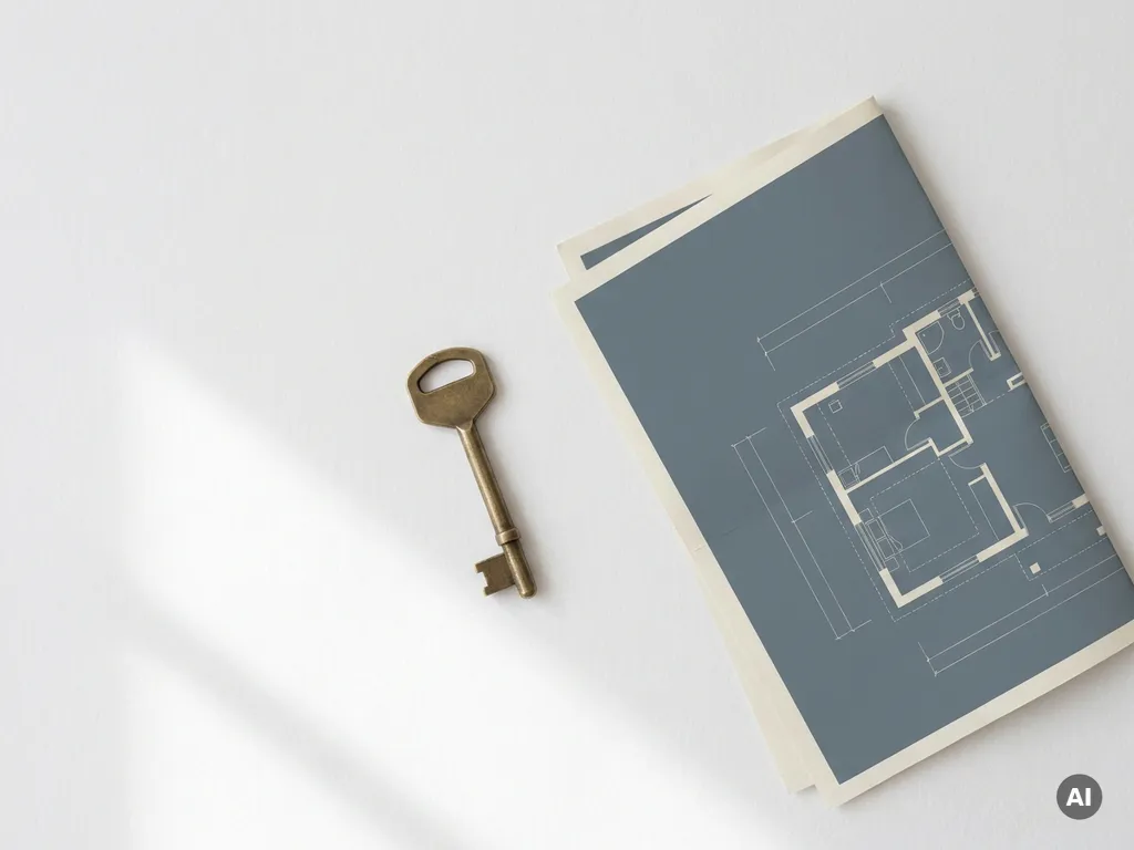 Messing sleutel naast gevouwen architecturale plattegrond op wit oppervlak, zacht ochtendlicht werpt diagonale schaduw.