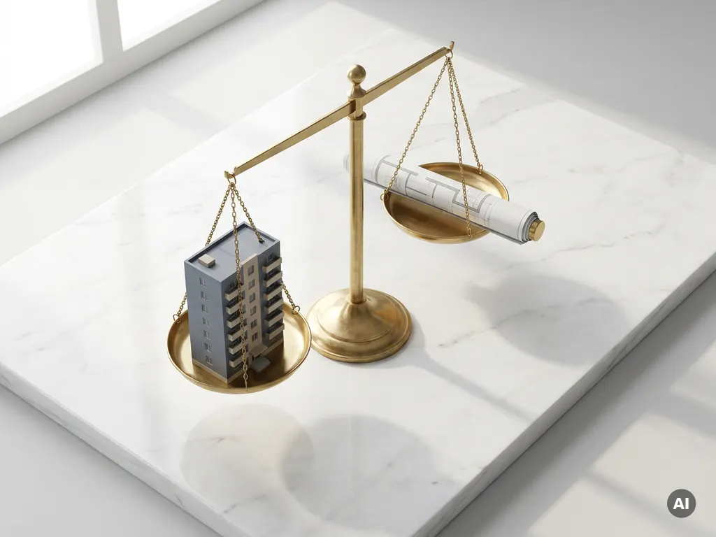 Koperen weegschaal met miniatuur appartementencomplex en opgerolde bouwtekening op wit marmeren oppervlak.