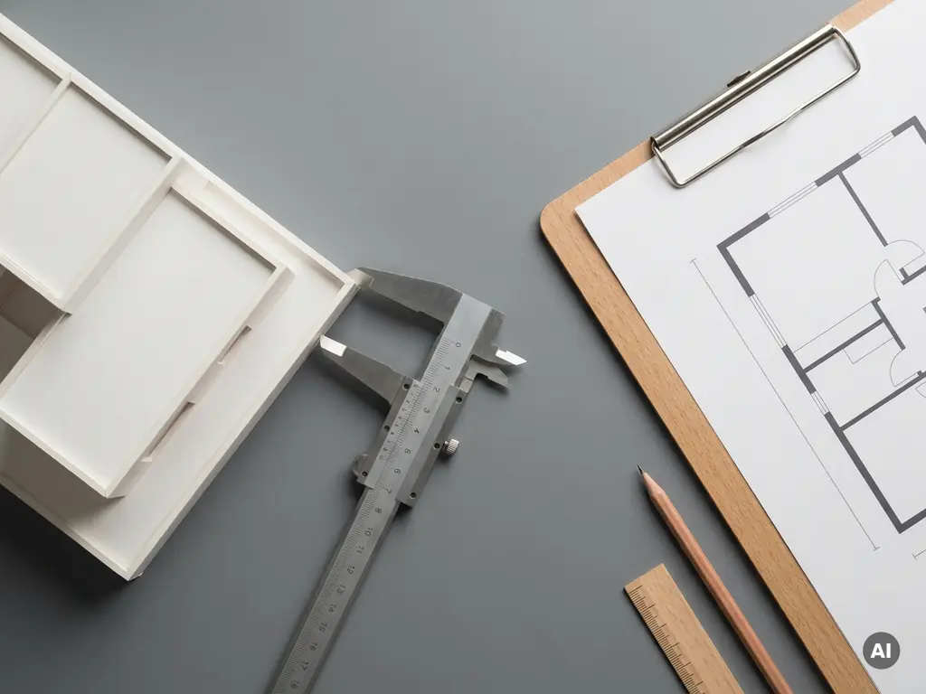 Metalen schuifmaat meet witte architecturale maquette naast klembord met geometrische plattegrond op houten ondergrond