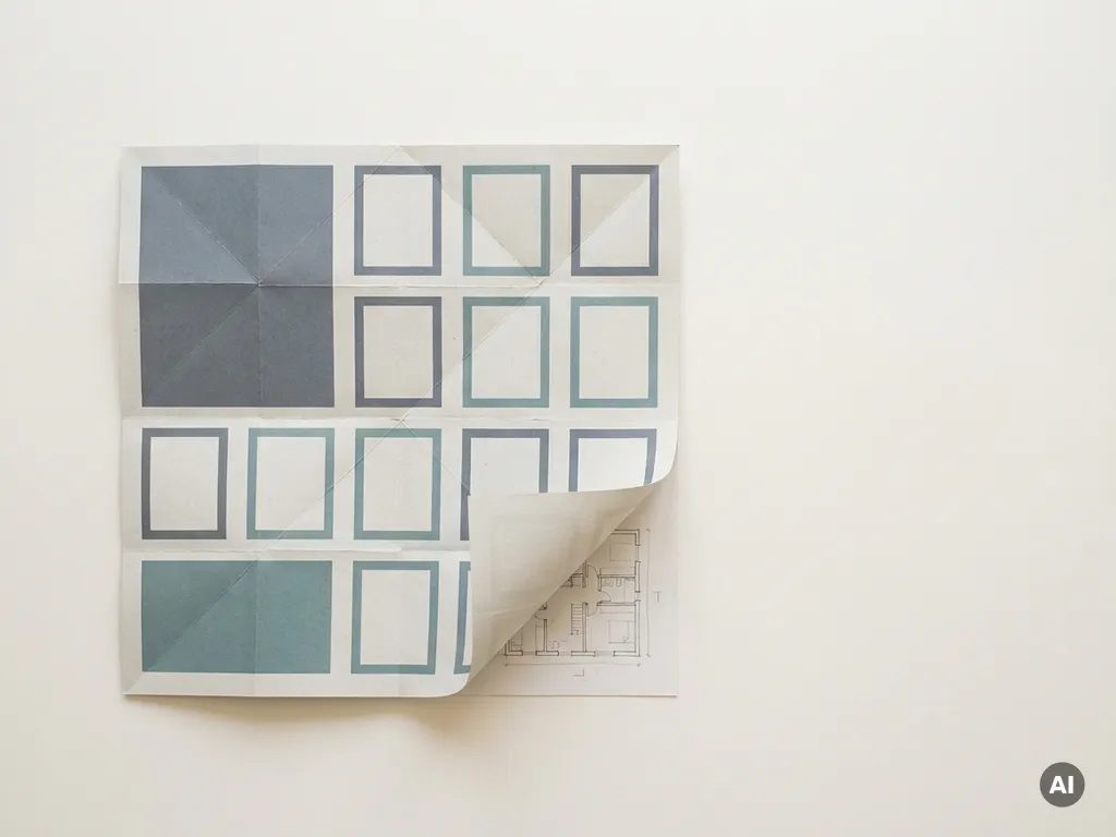 Gevouwen kalenderpagina op wit oppervlak met architecturale plattegrond eronder, minimalistische compositie in leisteen grijs en gedempte teal tinten.