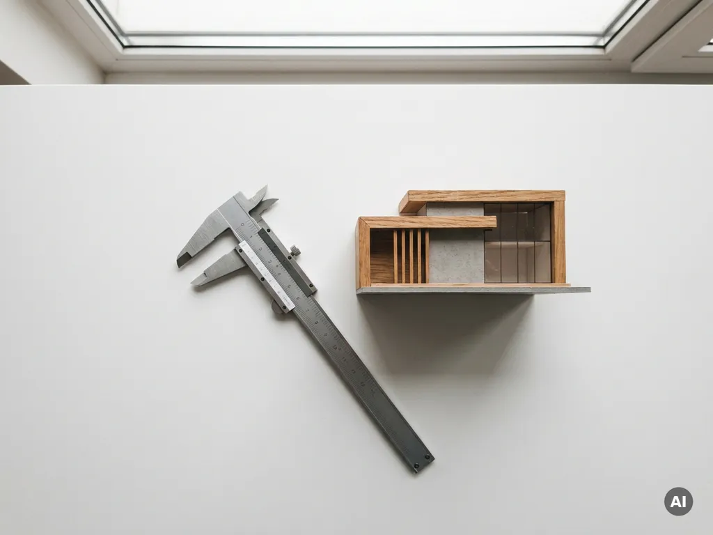 Stalen precisie schuifmaat naast een modern architectuurmodel op wit oppervlak, minimalistische compositie met natuurlijk licht.