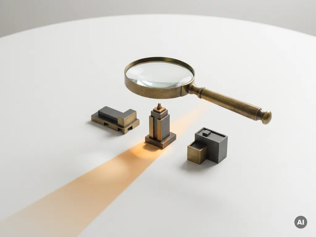 Messing vergrootglas zweeft boven drie miniatuur architectuurmodellen op wit oppervlak, één gebouw uitgelicht met warme ambergloed.