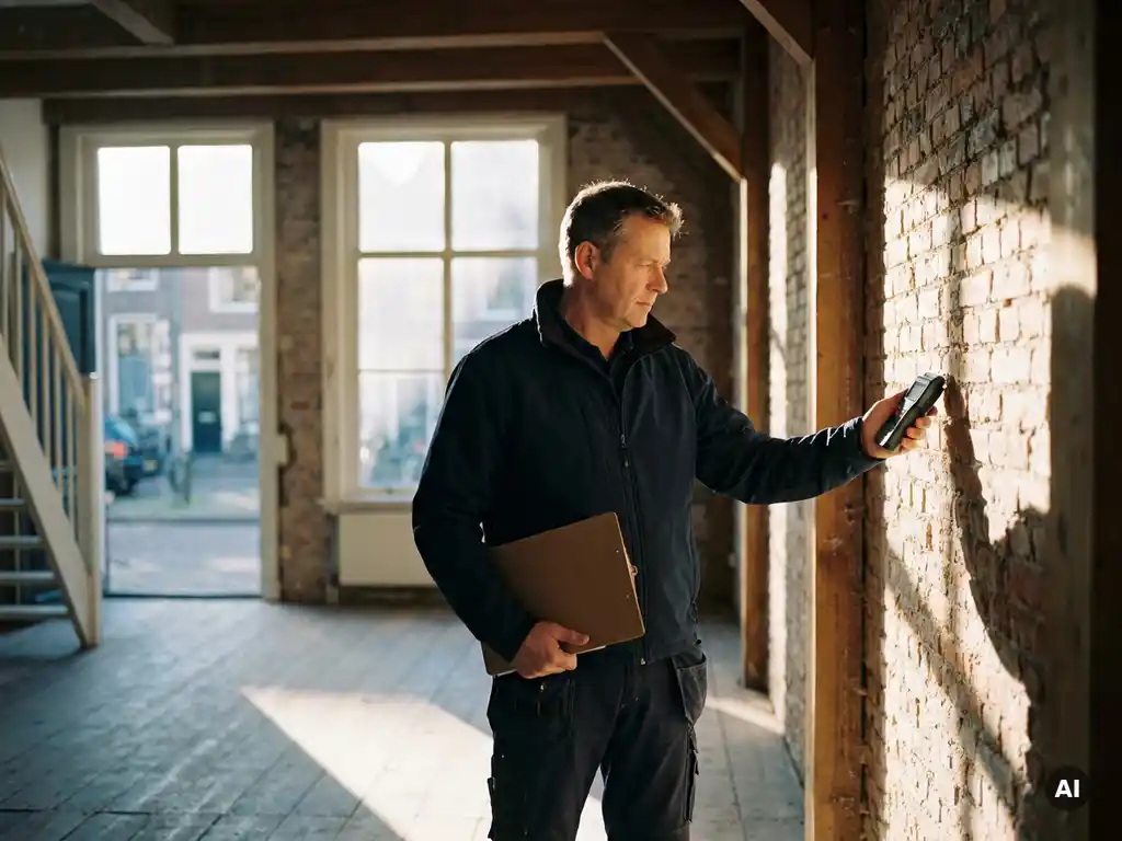 Inspecteur meet vochtgehalte van bakstenen muur met vochtmeter in klassiek Nederlands grachtenpand