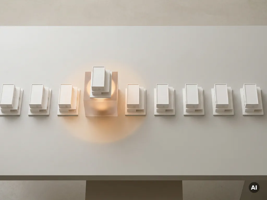 Rij witte miniatuur huismodellen met één verhoogd exemplaar op geometrisch voetstuk met warme ambergloed, bovenaanzicht.