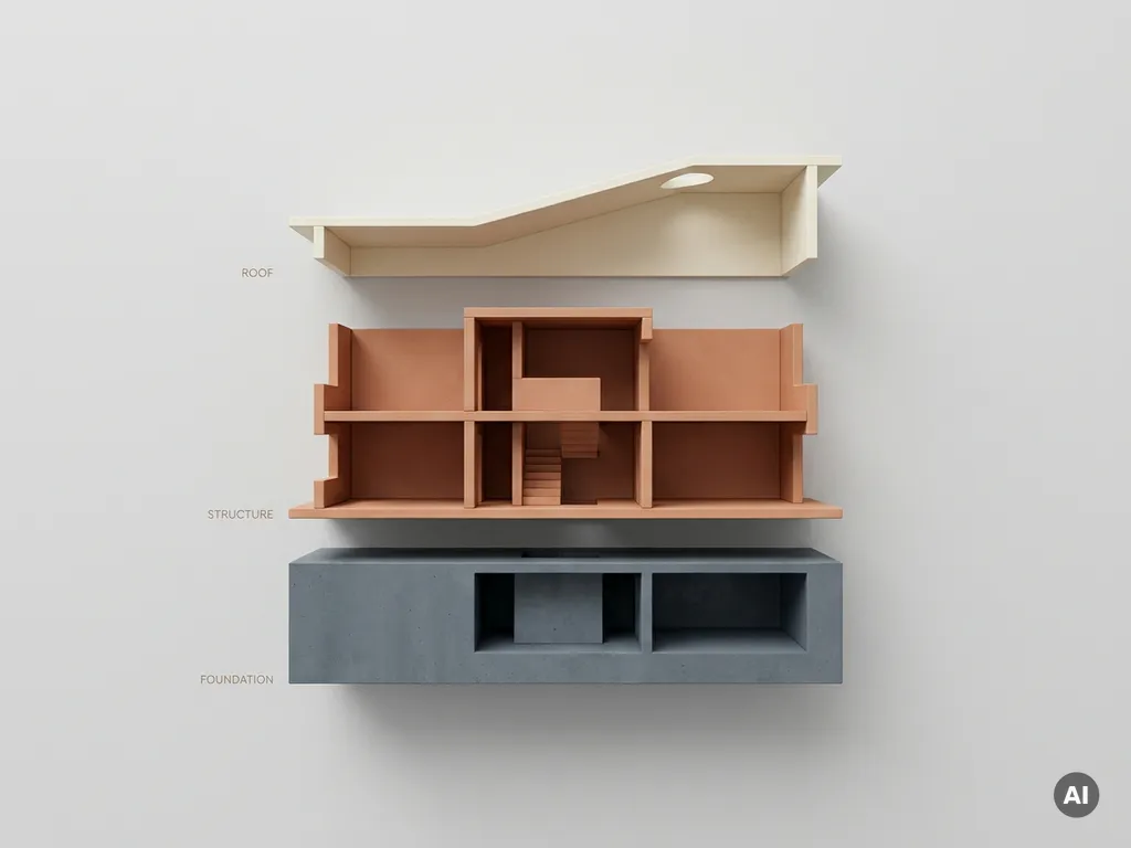 Minimalistische architecturale doorsnede van woning met drie lagen: fundering in leisteengrijs, structuur in terracotta en dak in crème.
